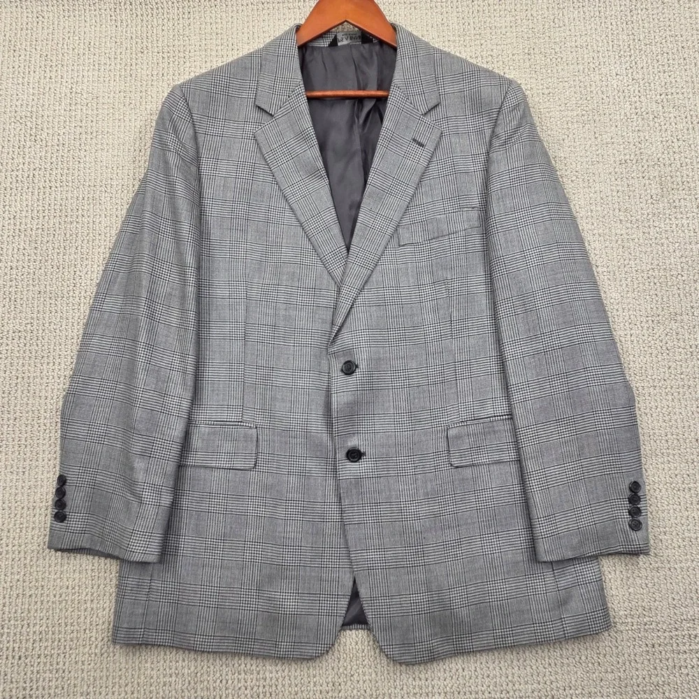 Jos A Bank Mens 46R Blazer Silk Wool Blend‎ Glen Plaid Gray Sport Coat 2 Button